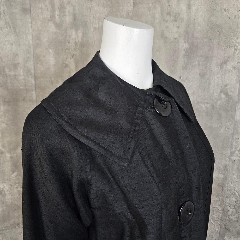 Vintage 50s 60s Black Raw Silk Coat Wide Collar Oversized Buttons ILGWU - Picture 7 of 13